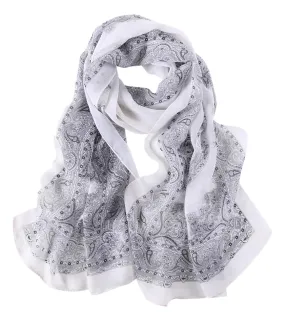 Long Sheer Chiffon Scarf White Theme Paisley Print CHL421