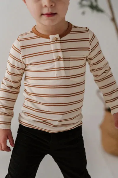 Long Sleeve Henley Shirt: Toffee Stripe