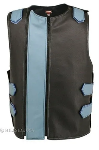 Made in USA Dual Front Zipper Bulletproof Style Leather Biker Vest Black/ Blue