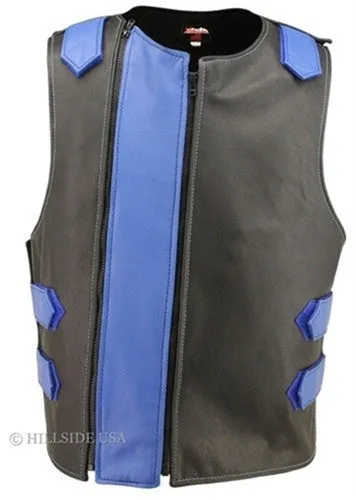 Made in USA Dual Front Zipper Bulletproof Style Leather Biker Vest Black/ Blue