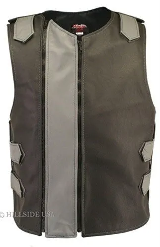 Made in USA Dual Front Zipper Bulletproof Style Leather Biker Vest Black/ Blue