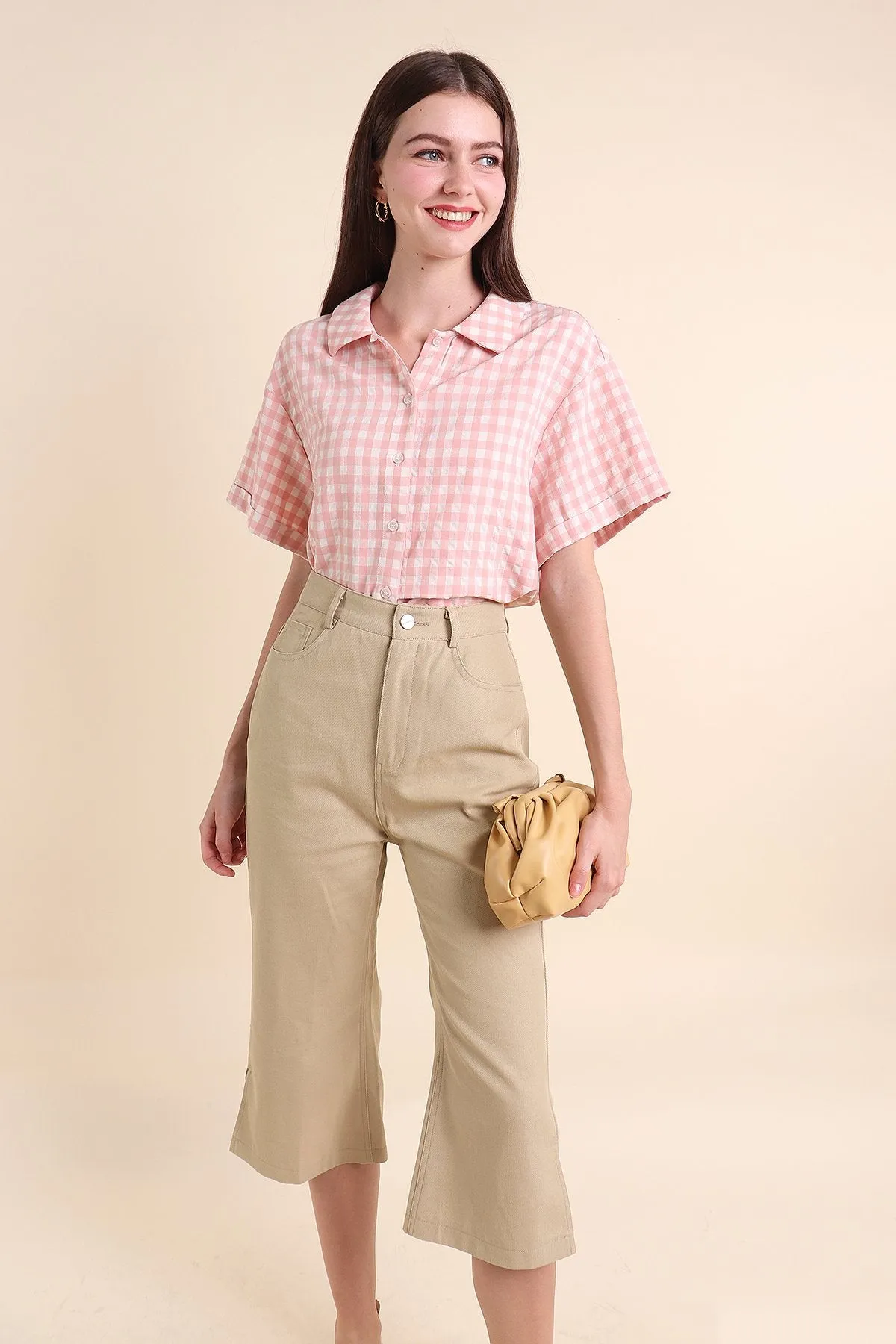 MADEBYNM ISOLA GINGHAM BUTTONED SHIRT IN PINK