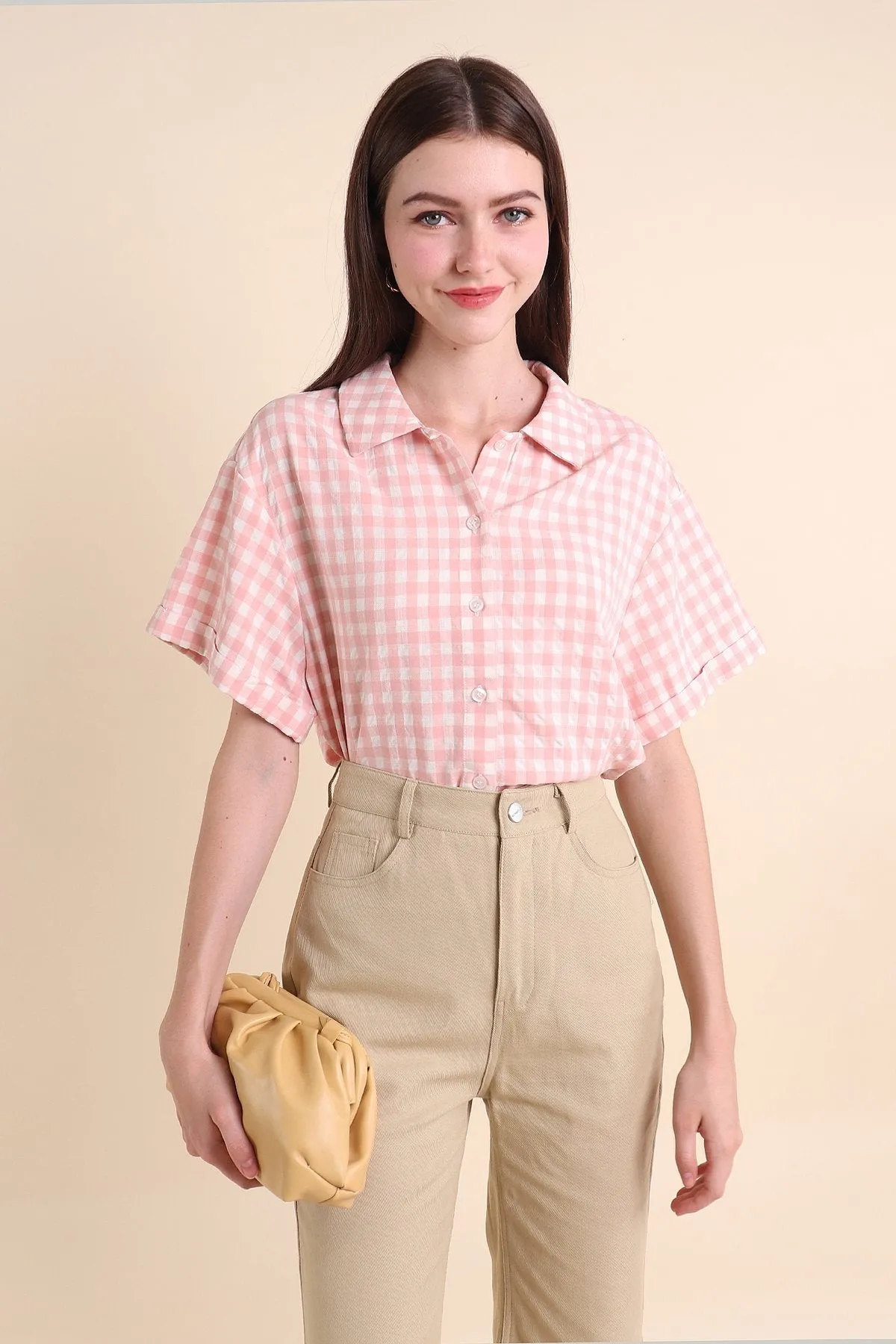 MADEBYNM ISOLA GINGHAM BUTTONED SHIRT IN PINK