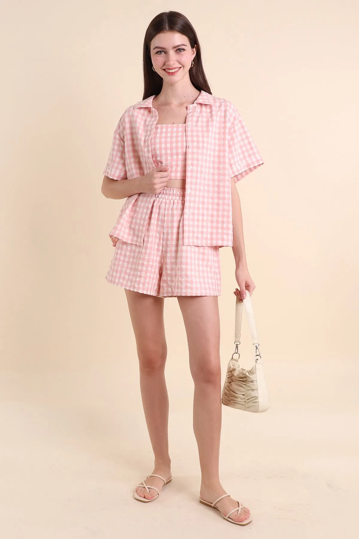 MADEBYNM ISOLA GINGHAM BUTTONED SHIRT IN PINK