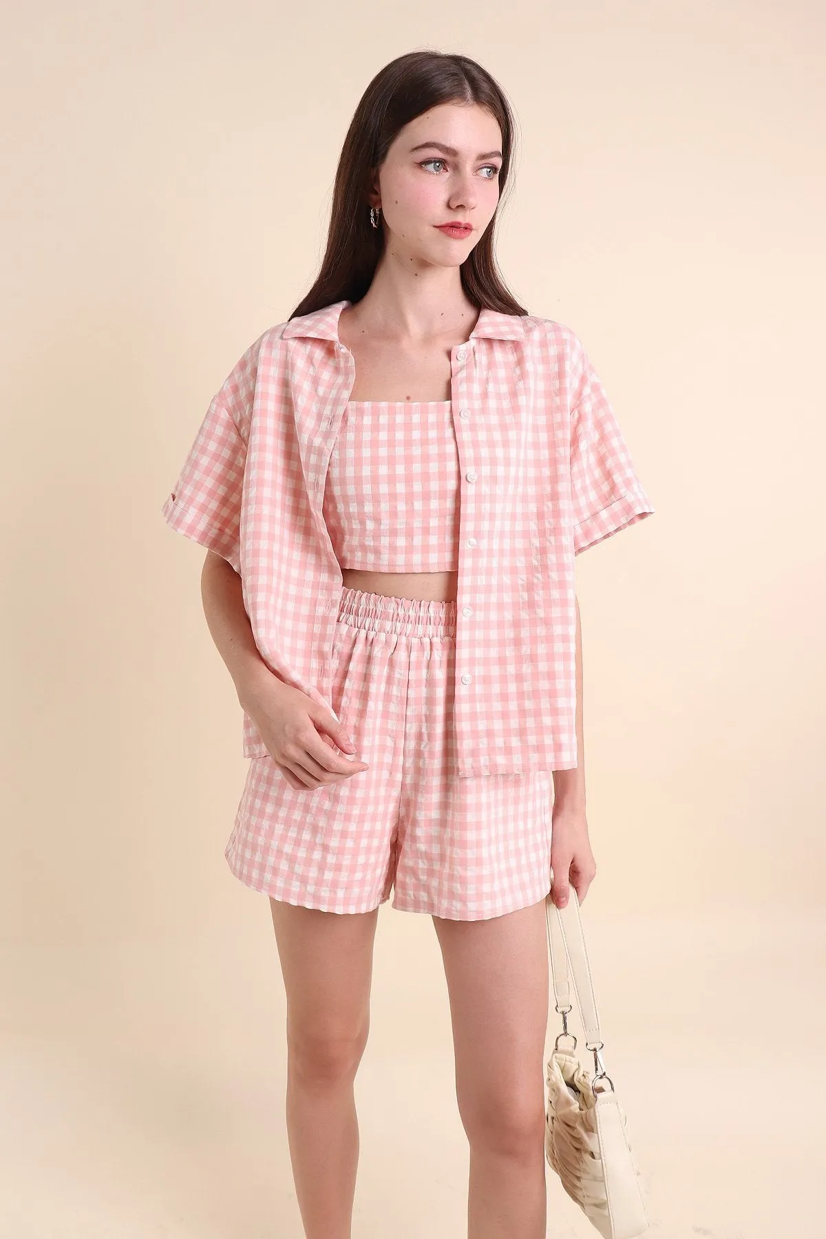 MADEBYNM ISOLA GINGHAM BUTTONED SHIRT IN PINK