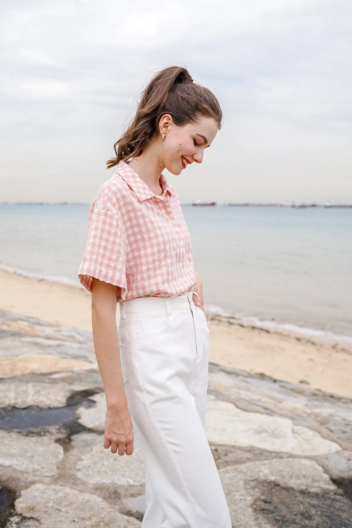 MADEBYNM ISOLA GINGHAM BUTTONED SHIRT IN PINK