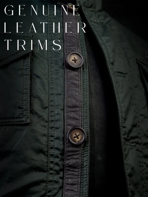 Men's Green Coat & Jacket with Contrasting Waxy Cotton and Leather Trims,