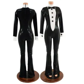 Mens or Womens Bootcut Faux Tuxedo Catsuit with Vinyl Buttons and Bow Tie