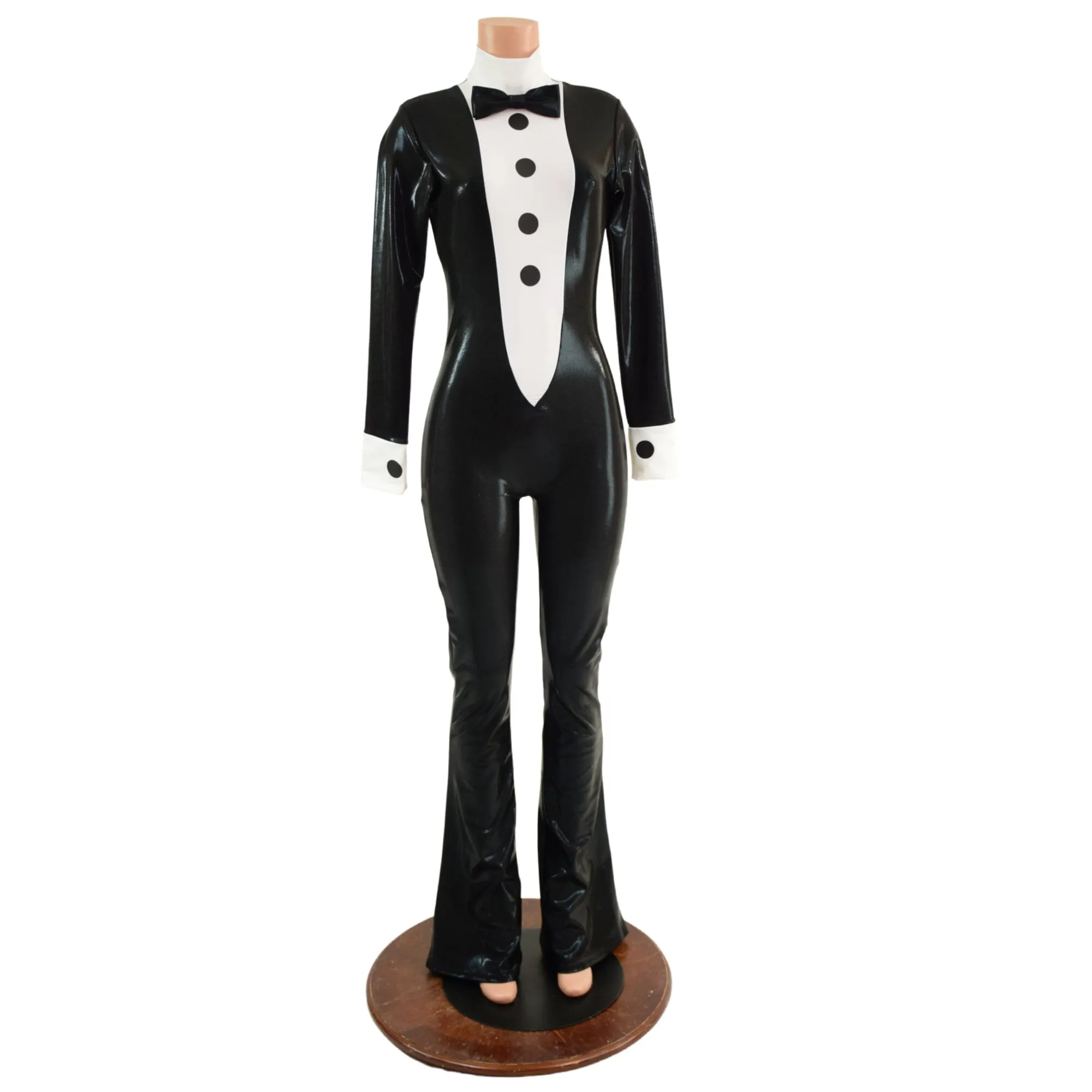 Mens or Womens Bootcut Faux Tuxedo Catsuit with Vinyl Buttons and Bow Tie