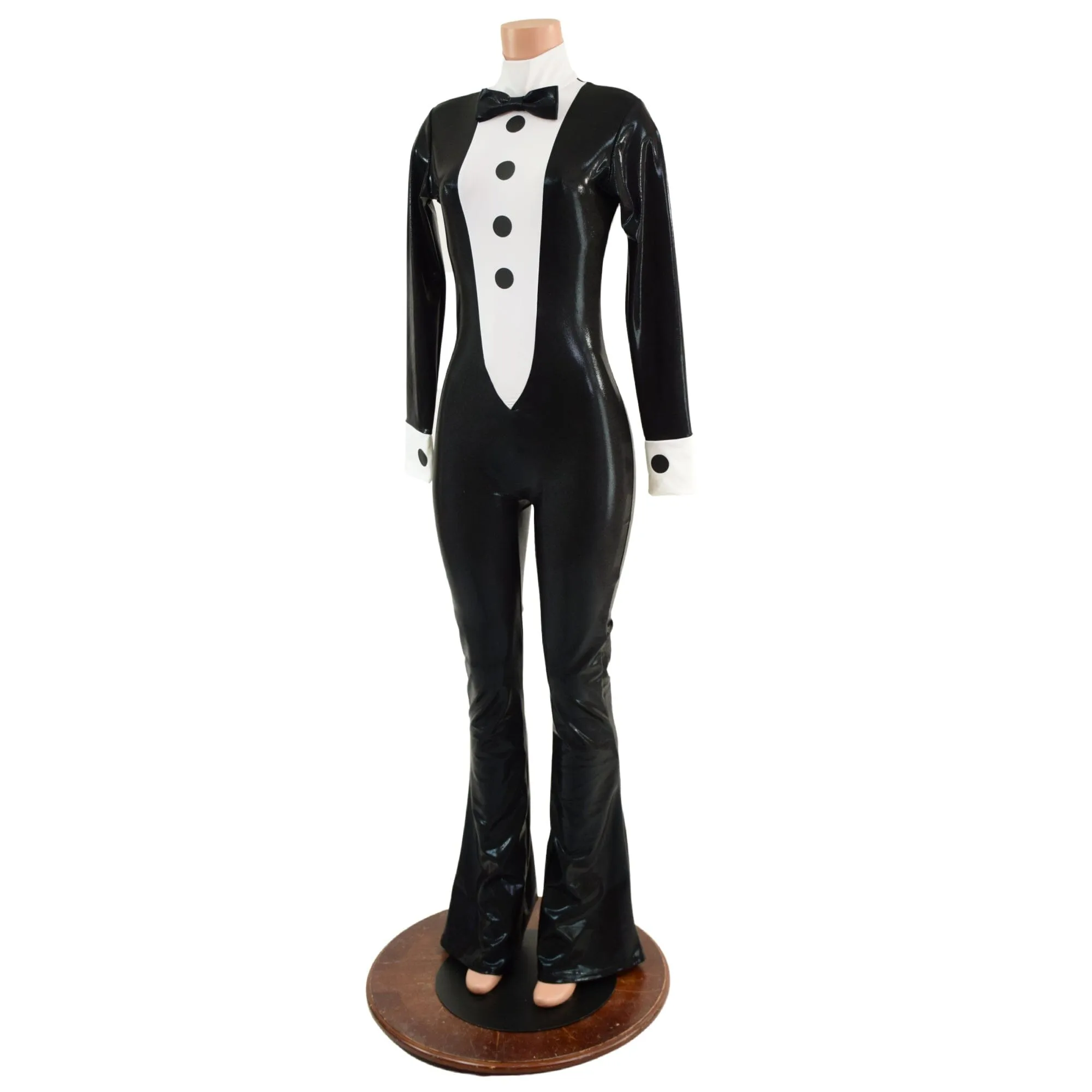 Mens or Womens Bootcut Faux Tuxedo Catsuit with Vinyl Buttons and Bow Tie