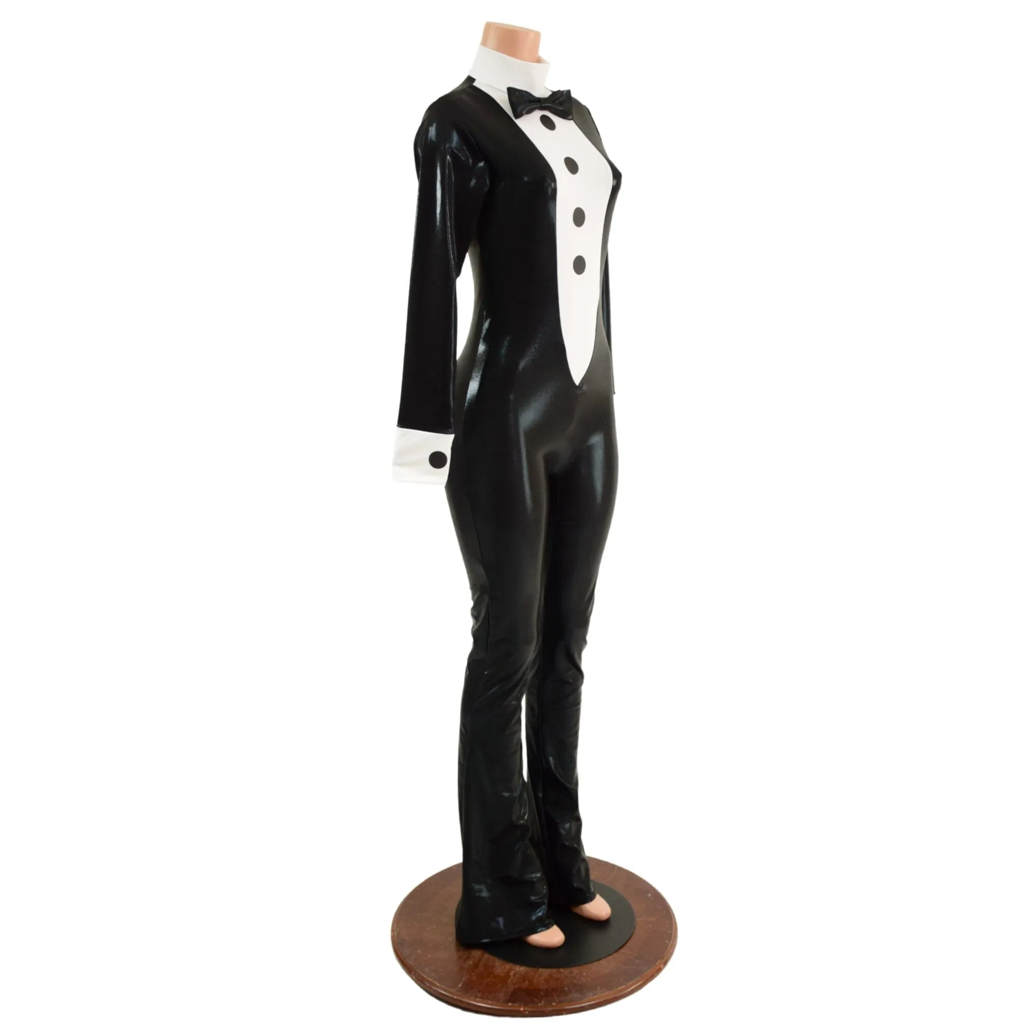 Mens or Womens Bootcut Faux Tuxedo Catsuit with Vinyl Buttons and Bow Tie