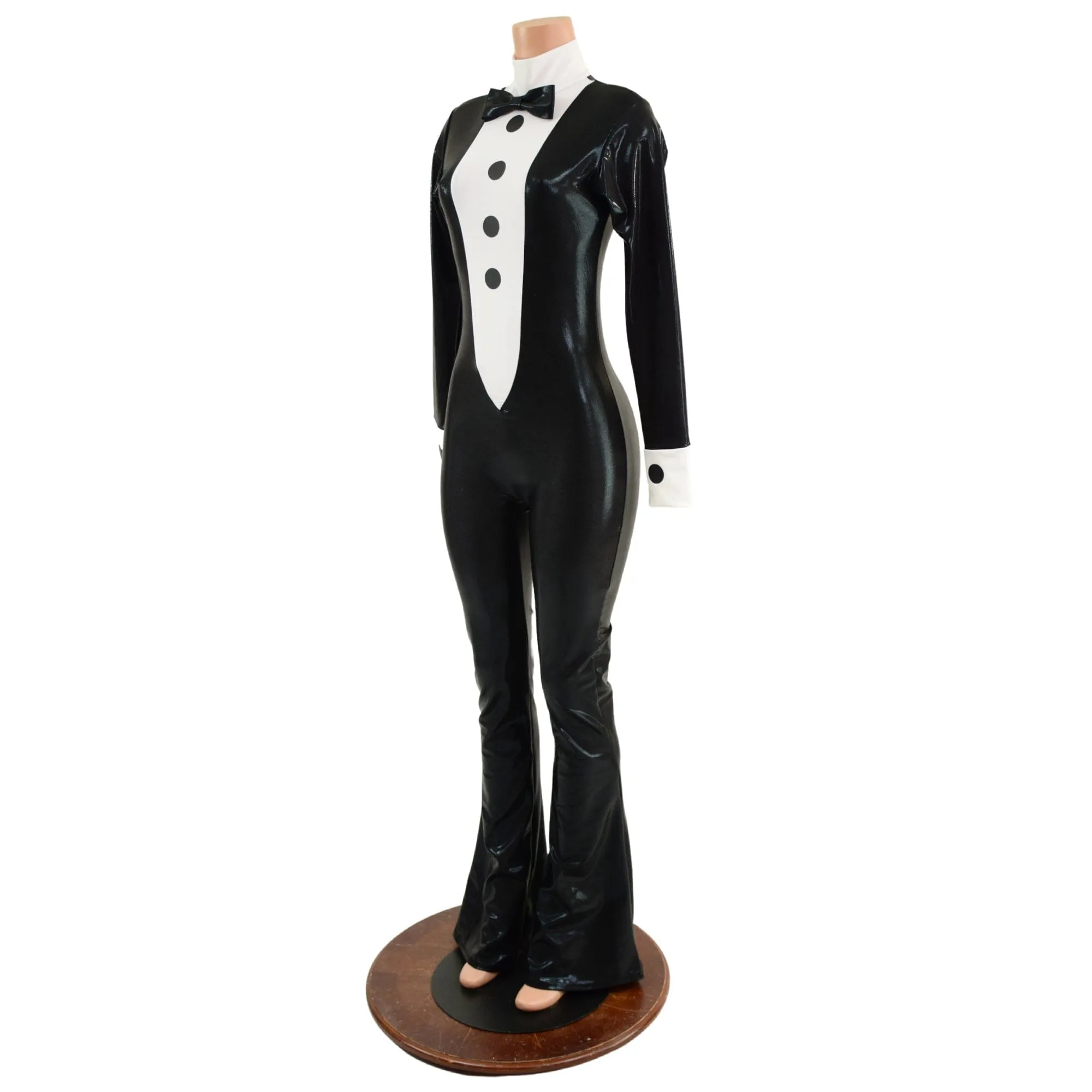 Mens or Womens Bootcut Faux Tuxedo Catsuit with Vinyl Buttons and Bow Tie