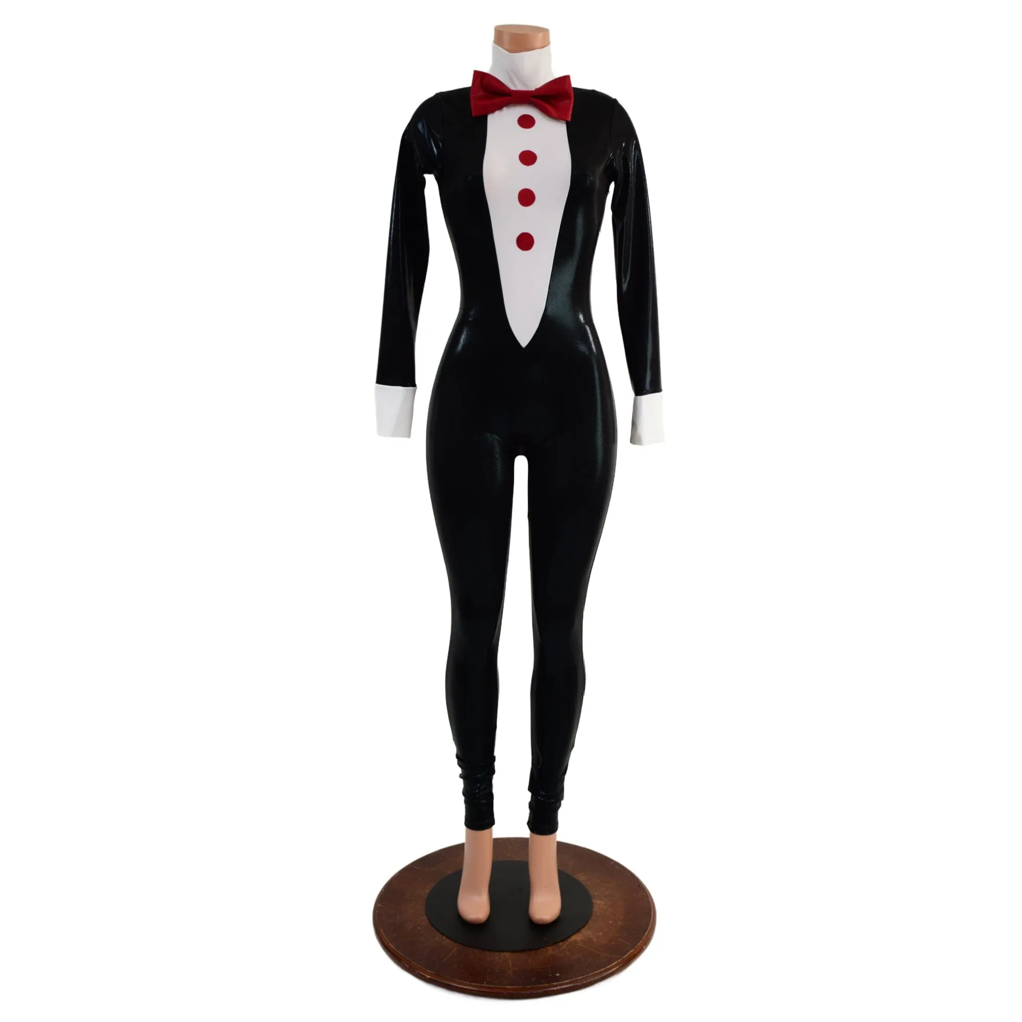 Mens or Womens Faux Tuxedo Catsuit with Red Buttons and Bow Tie