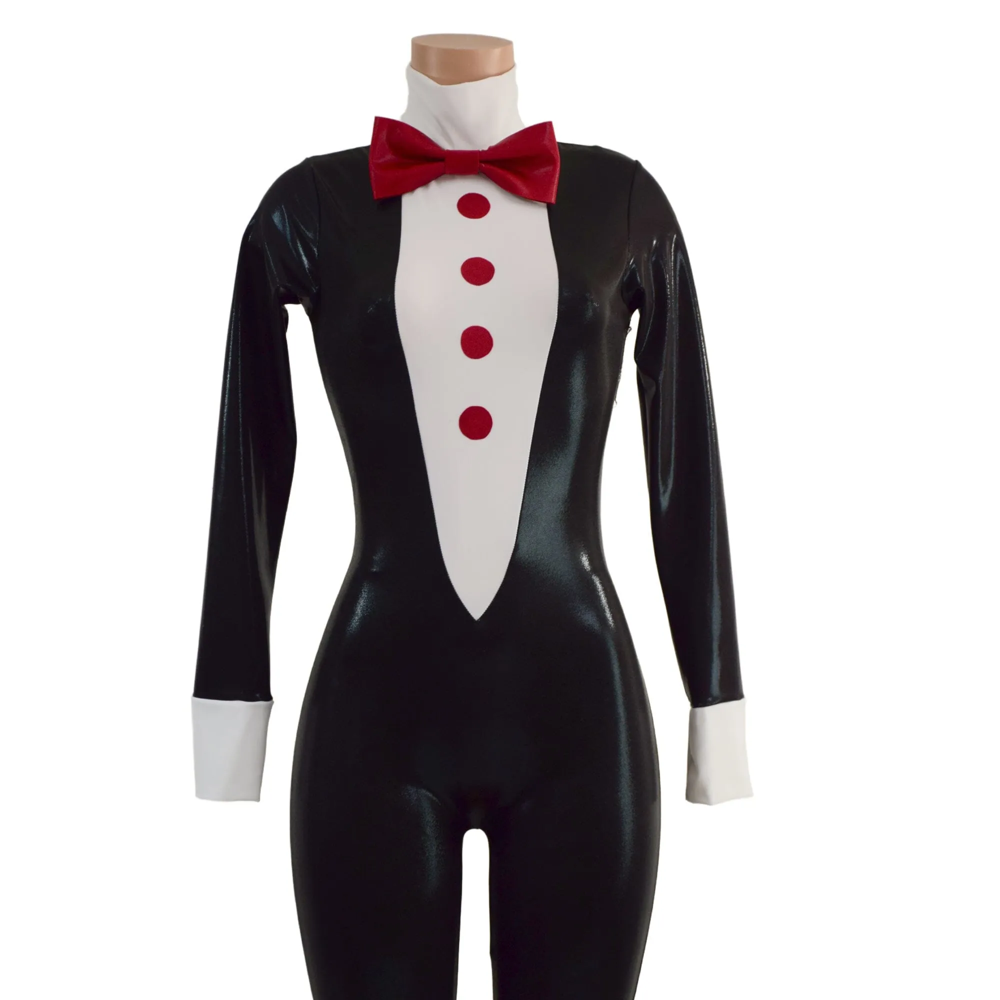 Mens or Womens Faux Tuxedo Catsuit with Red Buttons and Bow Tie