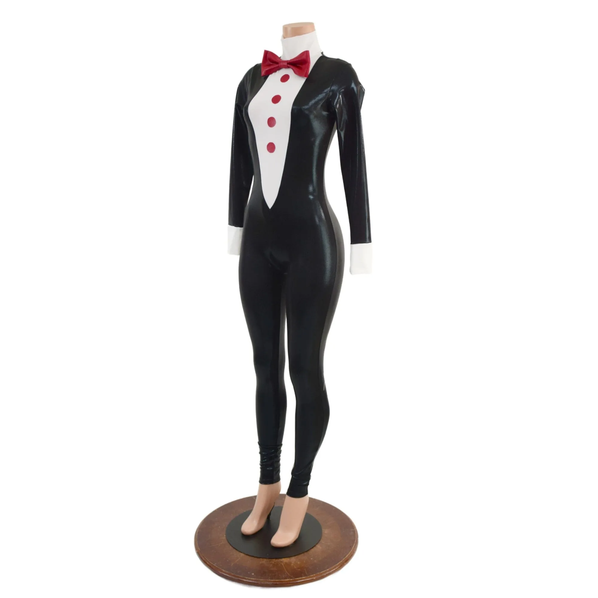 Mens or Womens Faux Tuxedo Catsuit with Red Buttons and Bow Tie