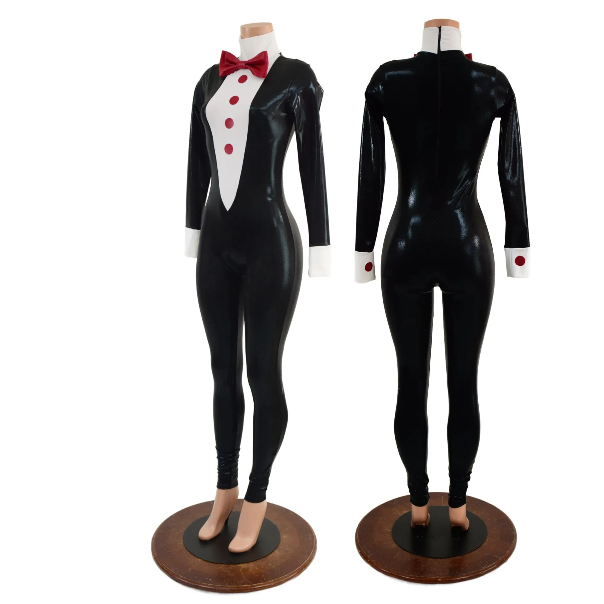 Mens or Womens Faux Tuxedo Catsuit with Red Buttons and Bow Tie