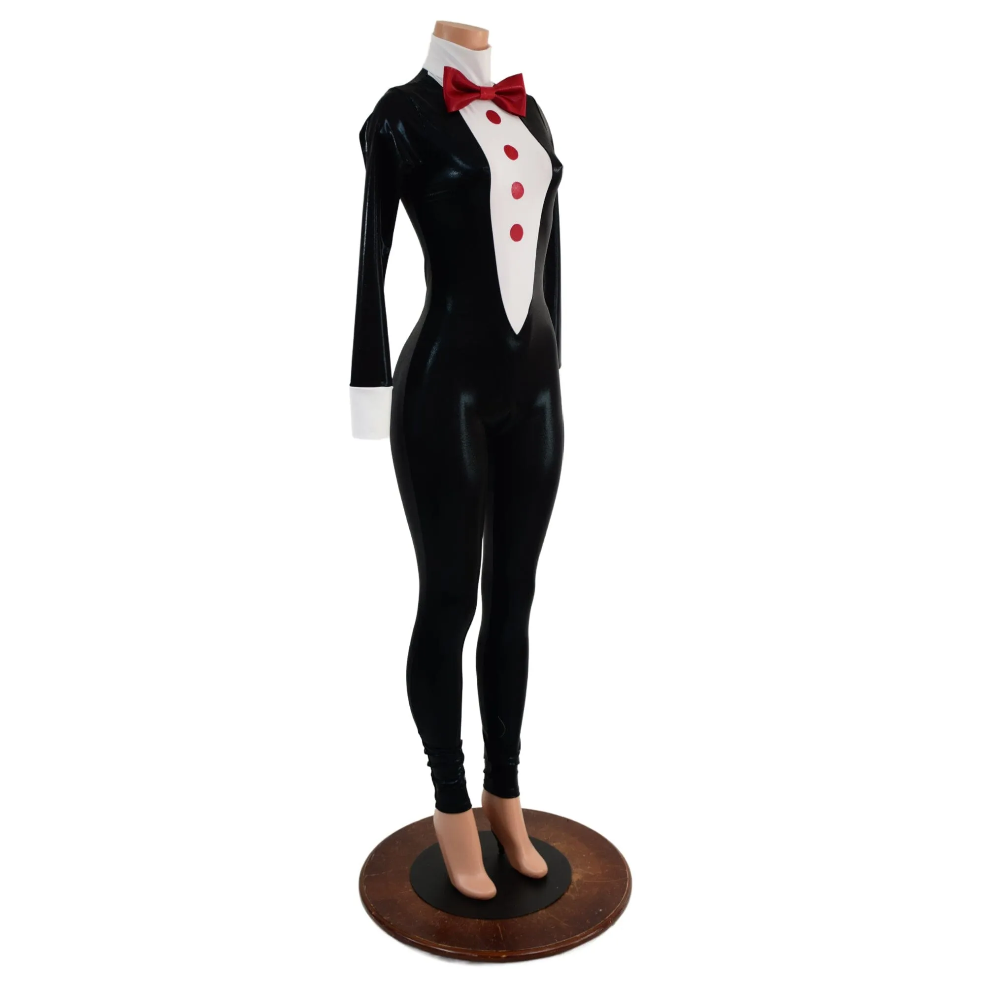 Mens or Womens Faux Tuxedo Catsuit with Red Buttons and Bow Tie