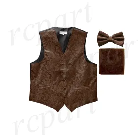 Men's paisley Tuxedo VEST Waistcoat_bowtie & hankie set formal wedding brown