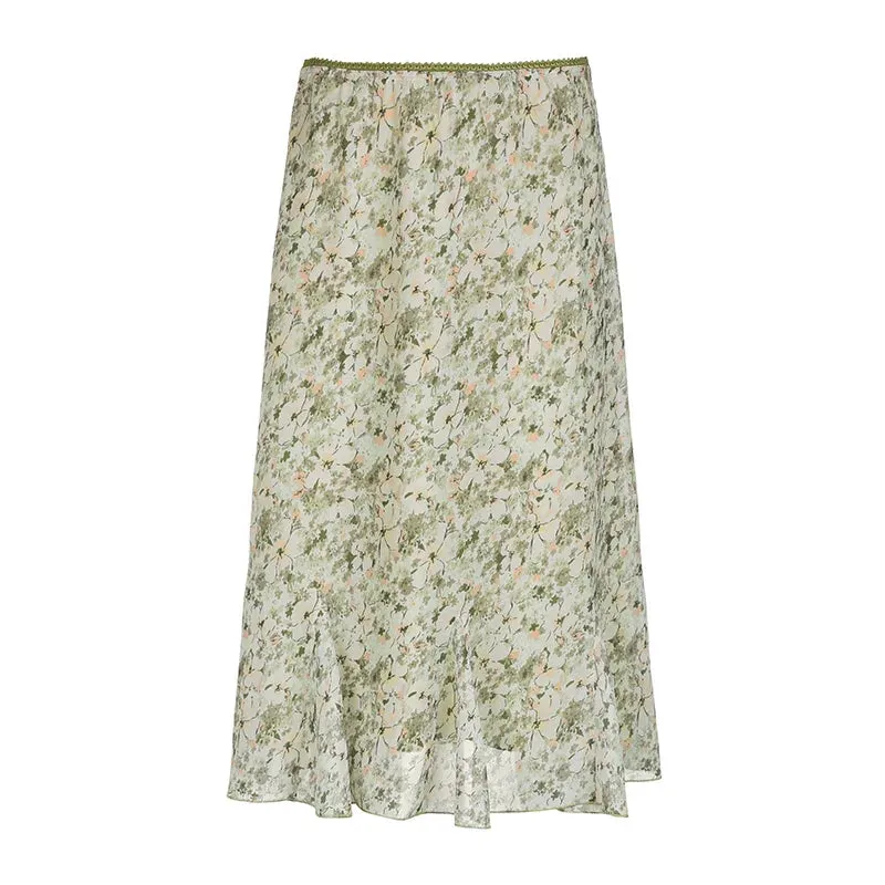 Metaversmall Vintage Fashion Green Flowers Printed Maxi Skirt Women Beach Holidays Low Waisted Summer Midi Skirt Chic Y2K Bottoms