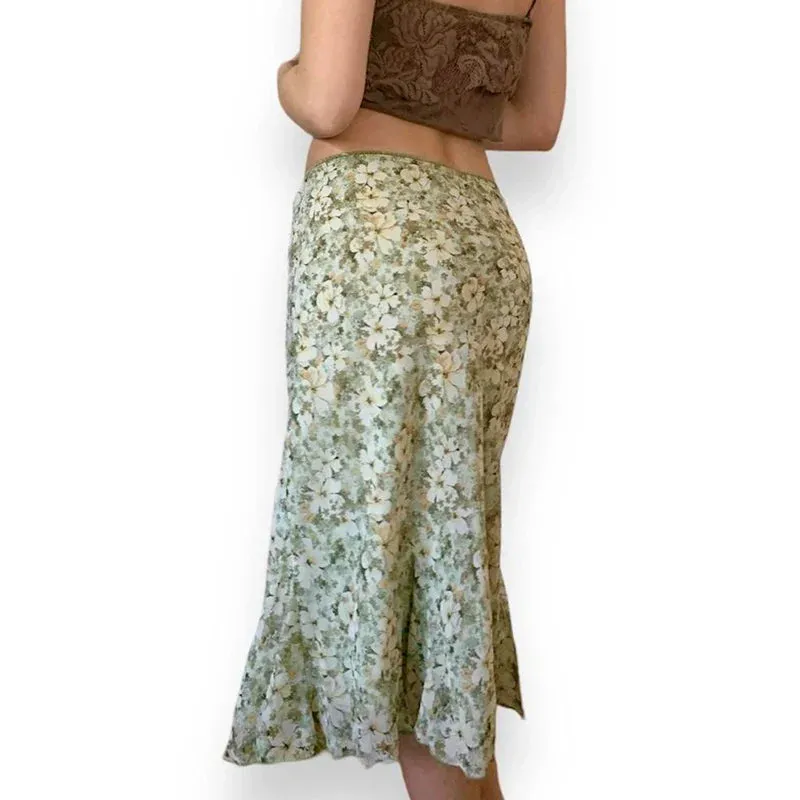 Metaversmall Vintage Fashion Green Flowers Printed Maxi Skirt Women Beach Holidays Low Waisted Summer Midi Skirt Chic Y2K Bottoms