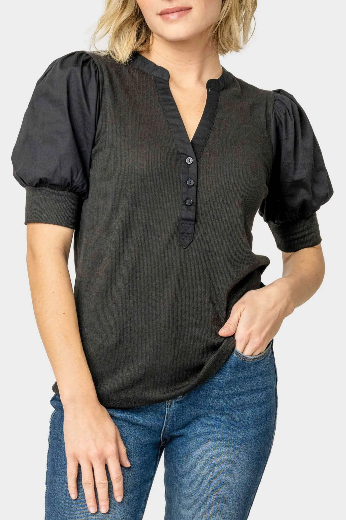 Mixed Media Henley Top with Puff Sleeve