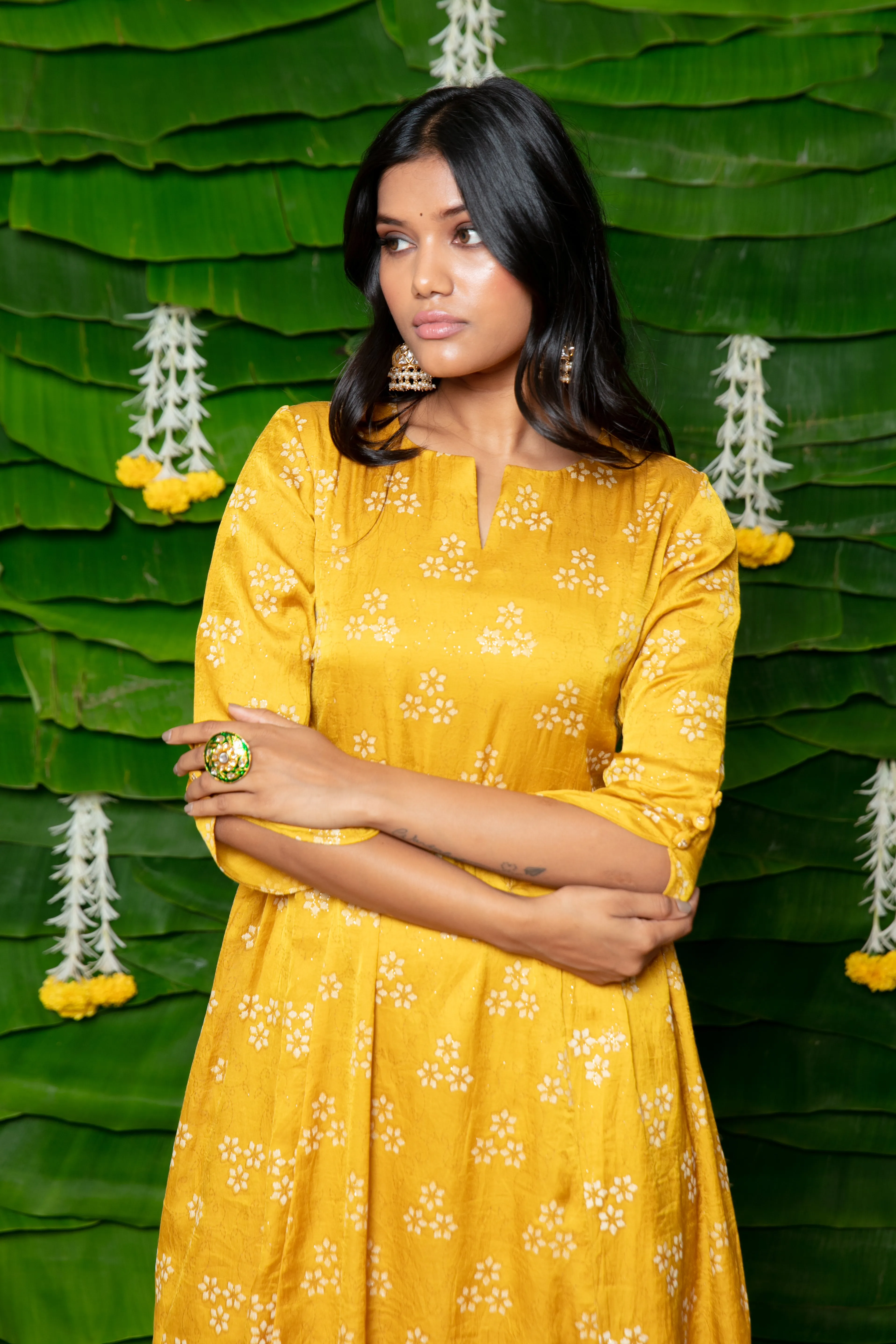 Mustard Chinnon Zari work Dress