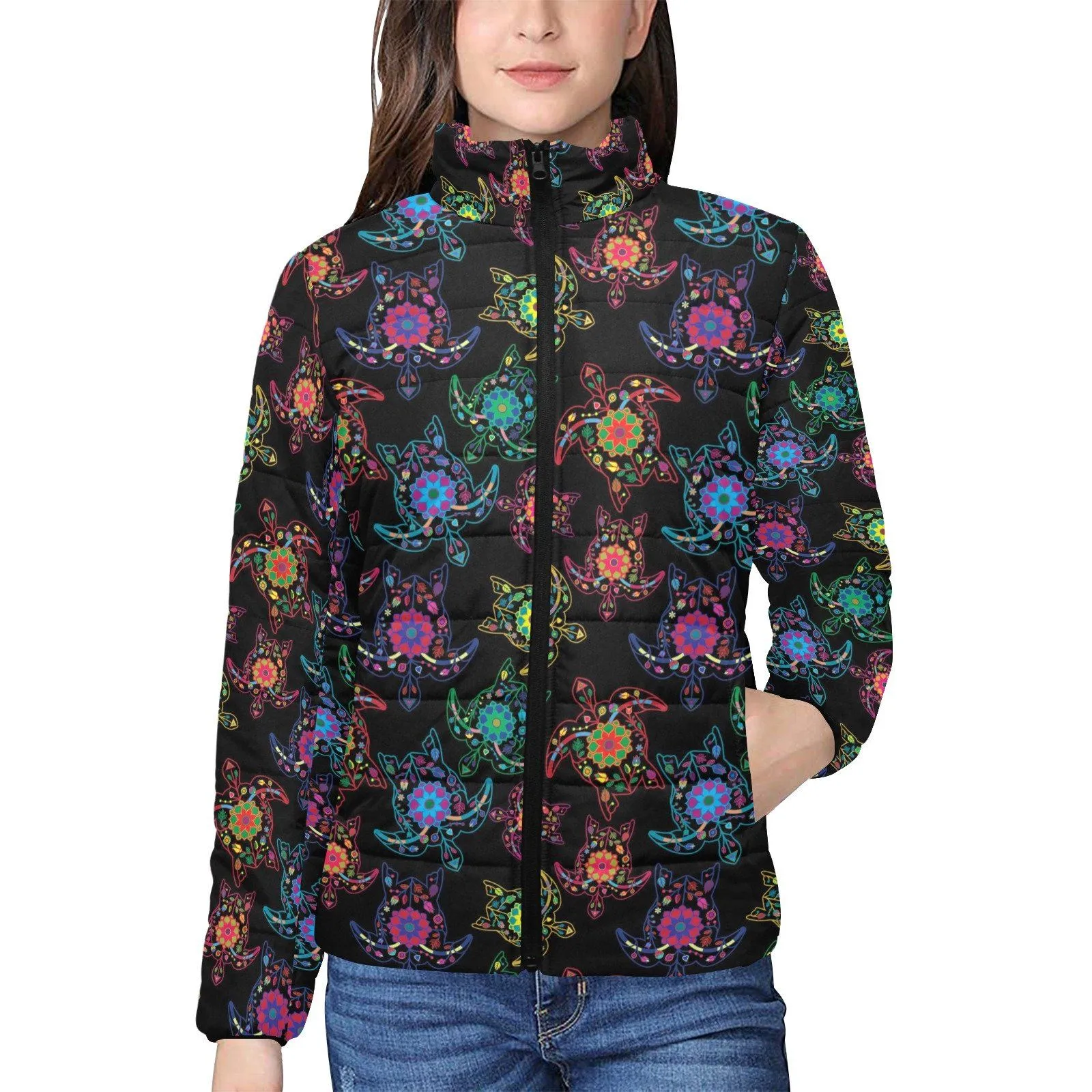 Neon Floral Turtles Women's Stand Collar Padded Jacket