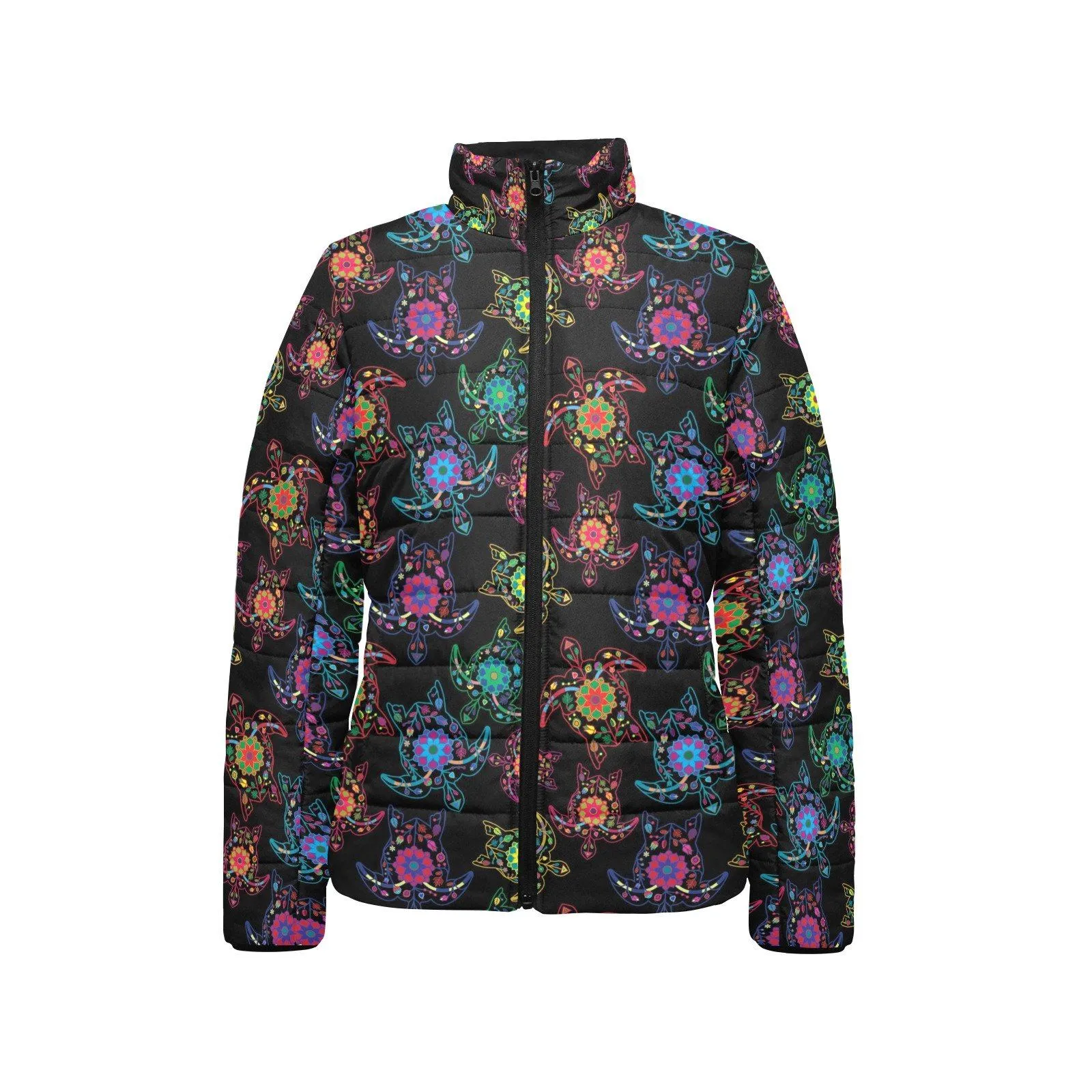 Neon Floral Turtles Women's Stand Collar Padded Jacket