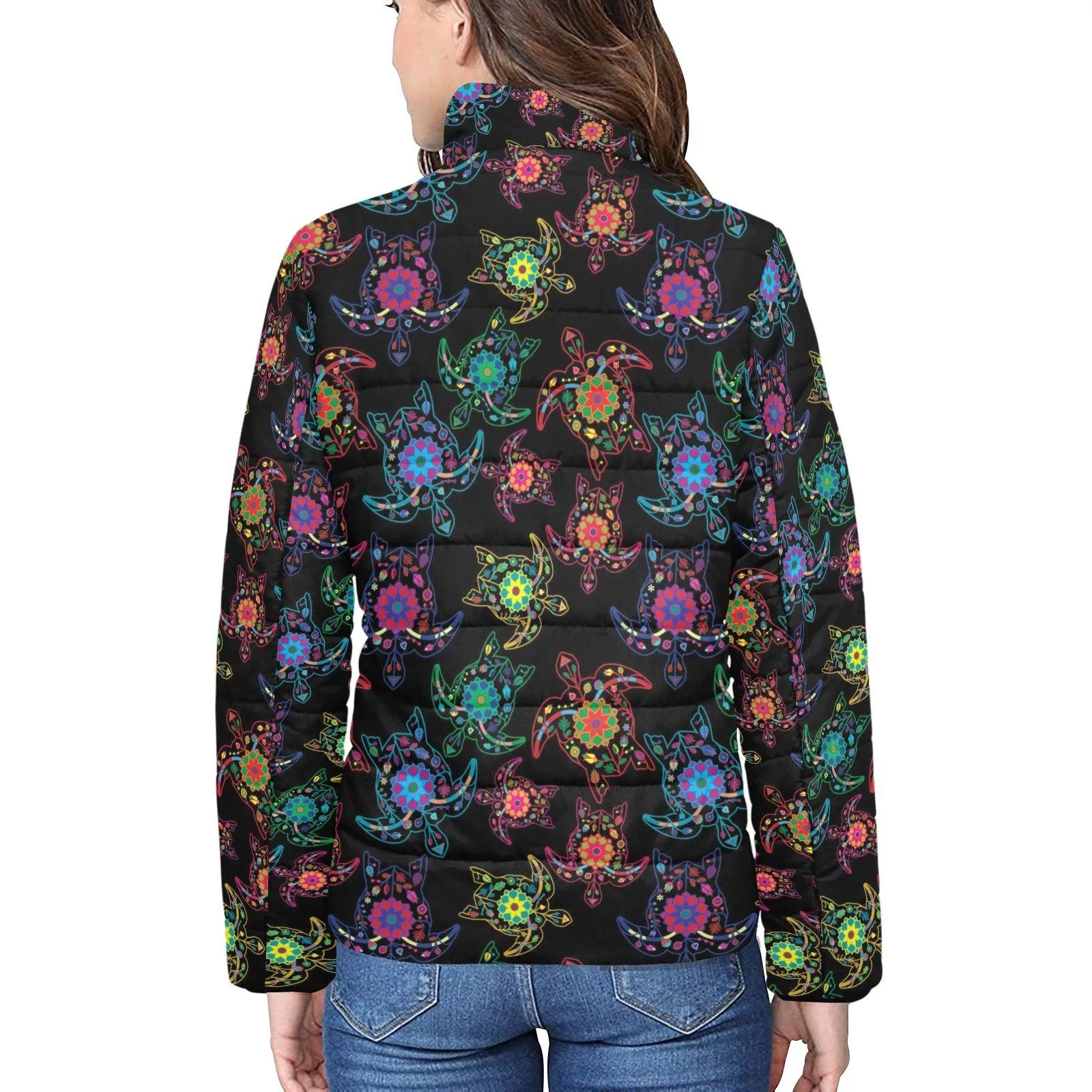 Neon Floral Turtles Women's Stand Collar Padded Jacket