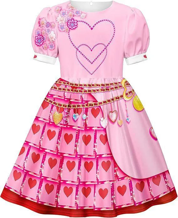 New Queen Children's Halloween Cosplay Princess Movie Dress Pink Heart Shaped Printed Girl Princess Dress Cosplay Costume Wig