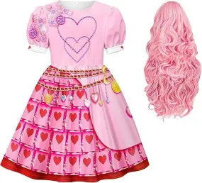 New Queen Children's Halloween Cosplay Princess Movie Dress Pink Heart Shaped Printed Girl Princess Dress Cosplay Costume Wig