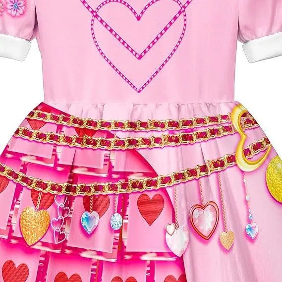 New Queen Children's Halloween Cosplay Princess Movie Dress Pink Heart Shaped Printed Girl Princess Dress Cosplay Costume Wig