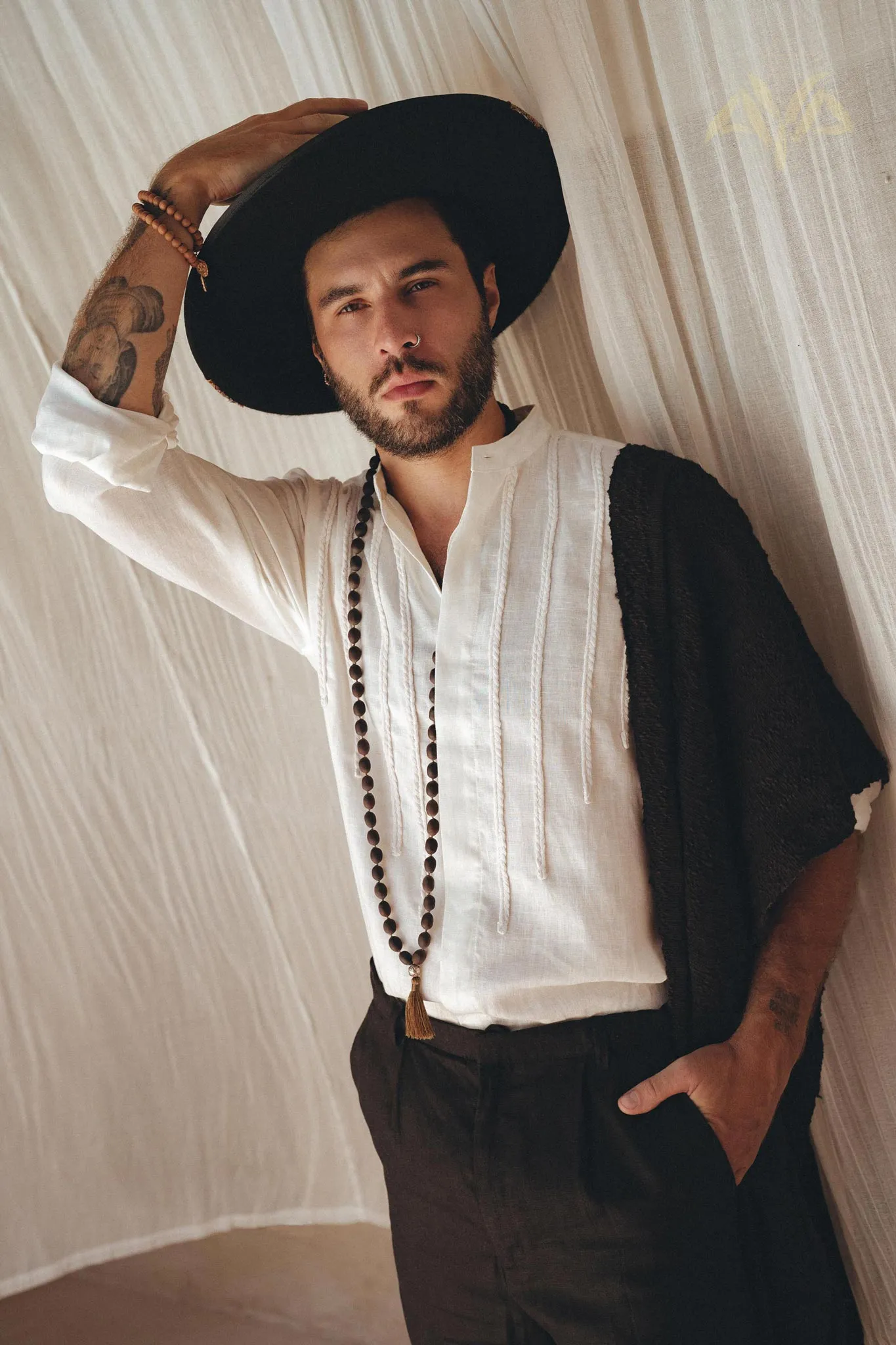 Off-White Linen Shirt for Men with Handmade Braids