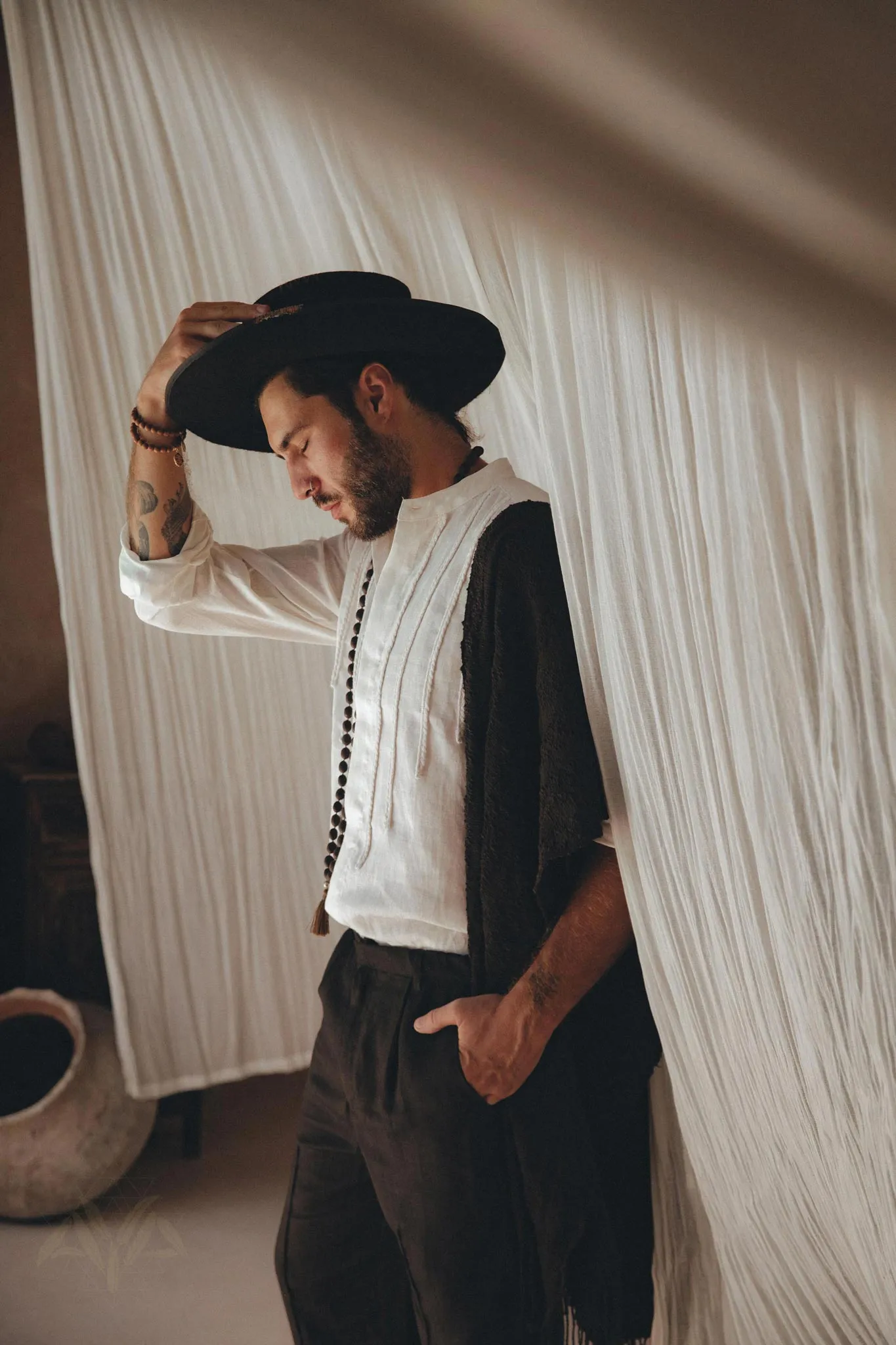 Off-White Linen Shirt for Men with Handmade Braids