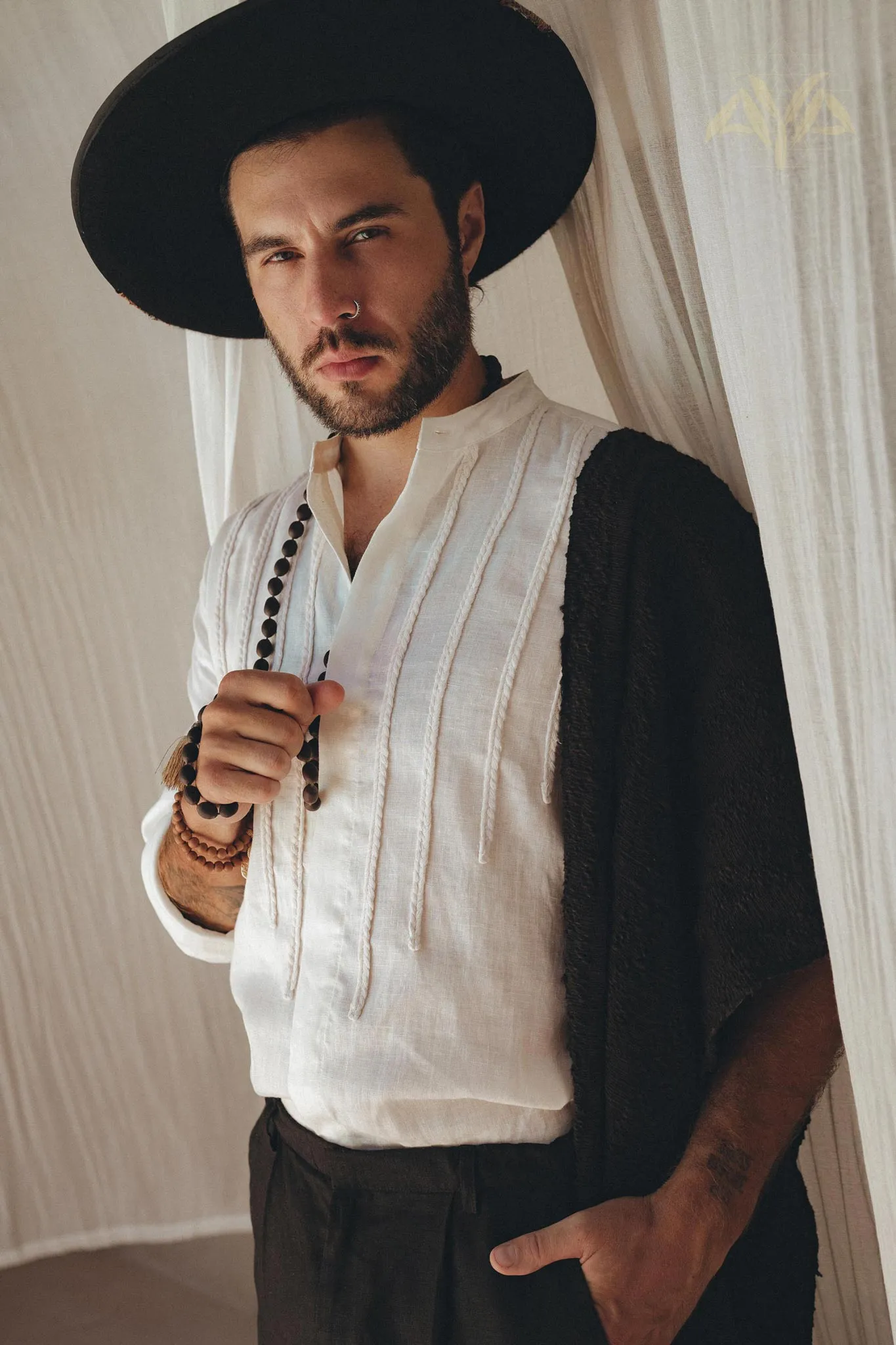 Off-White Linen Shirt for Men with Handmade Braids