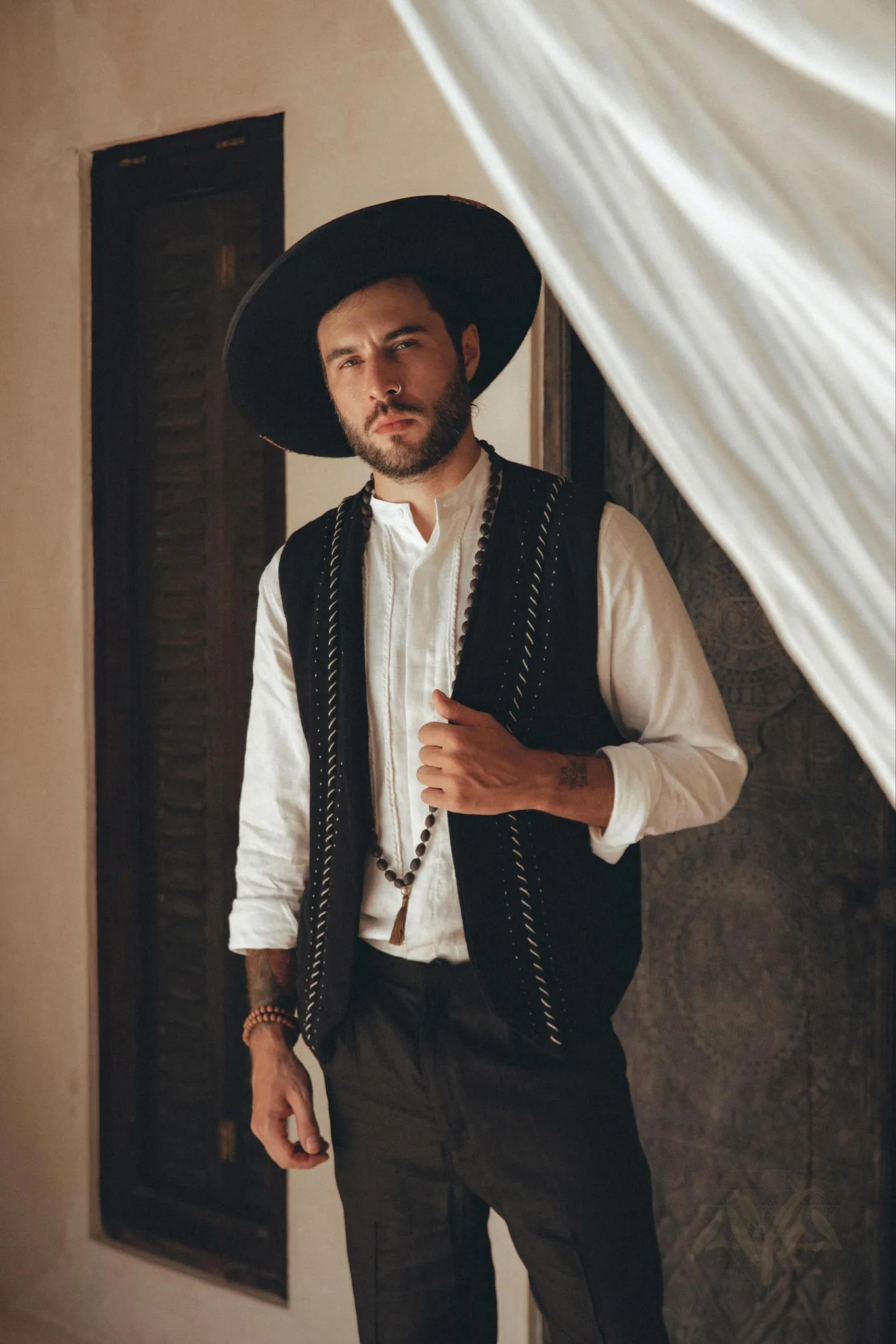 Off-White Linen Shirt for Men with Handmade Braids