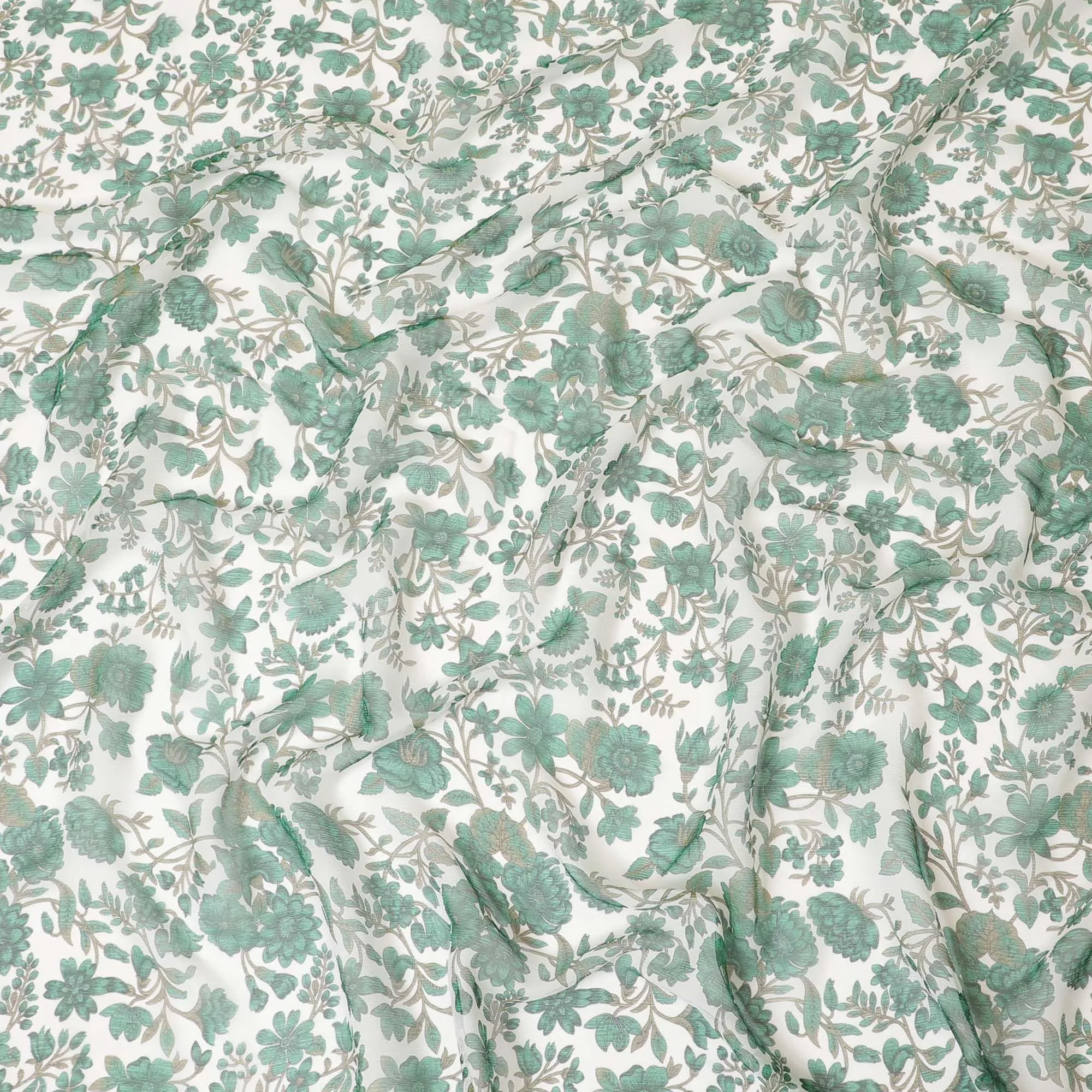 Off white silk wrinkle chiffon fabric with forest green and olive green print in floral design-D8561