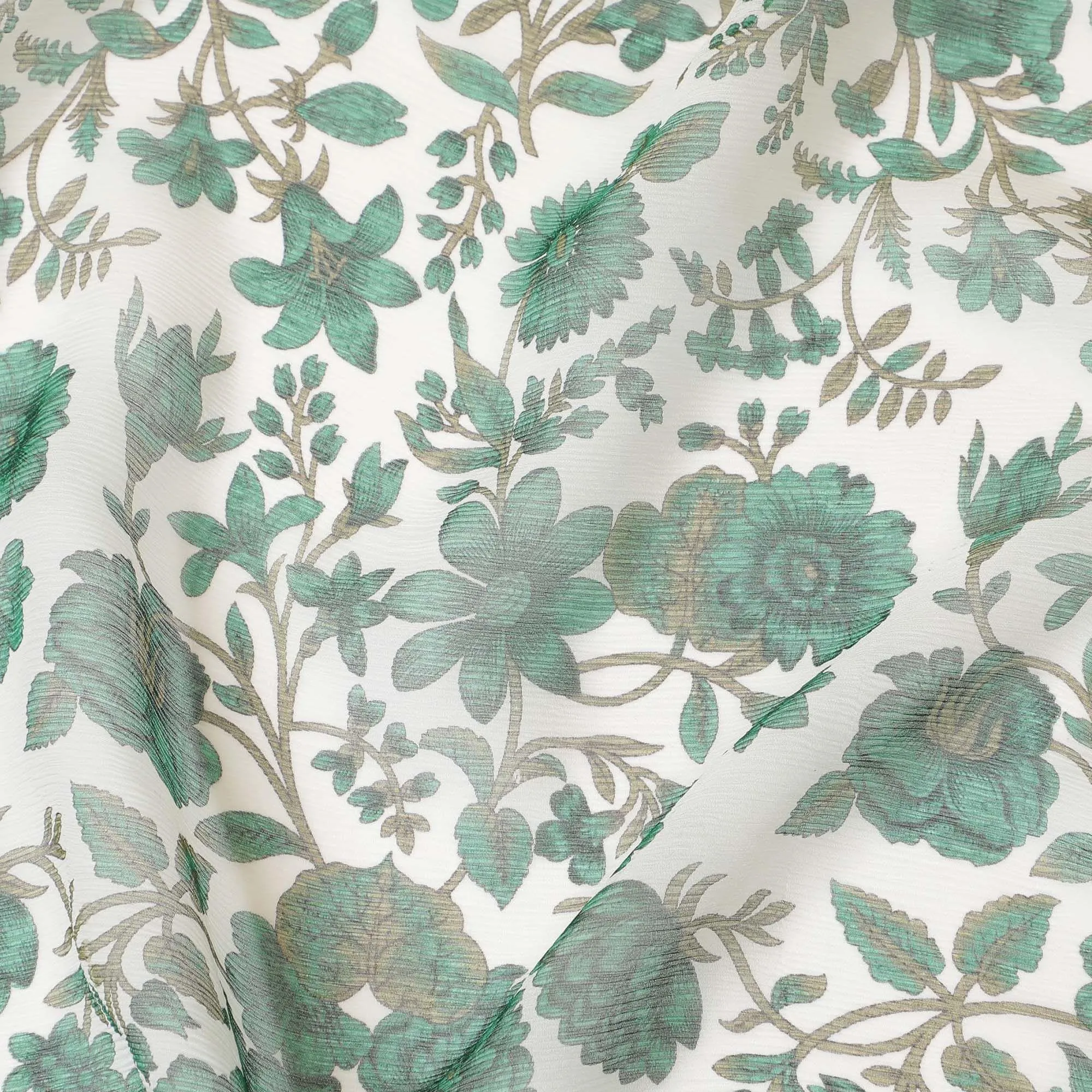 Off white silk wrinkle chiffon fabric with forest green and olive green print in floral design-D8561