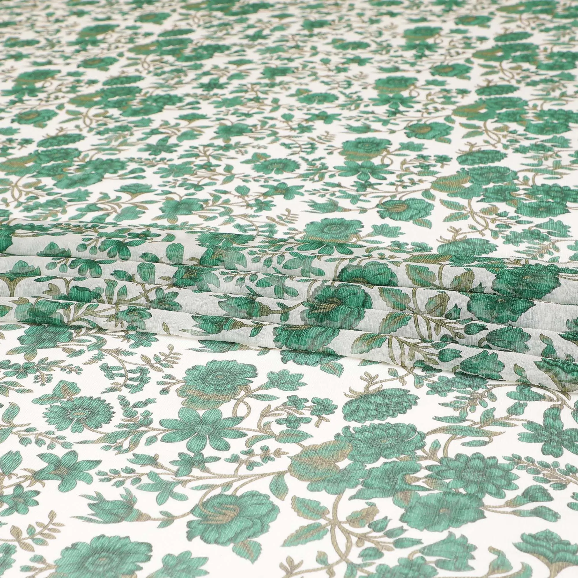 Off white silk wrinkle chiffon fabric with forest green and olive green print in floral design-D8561