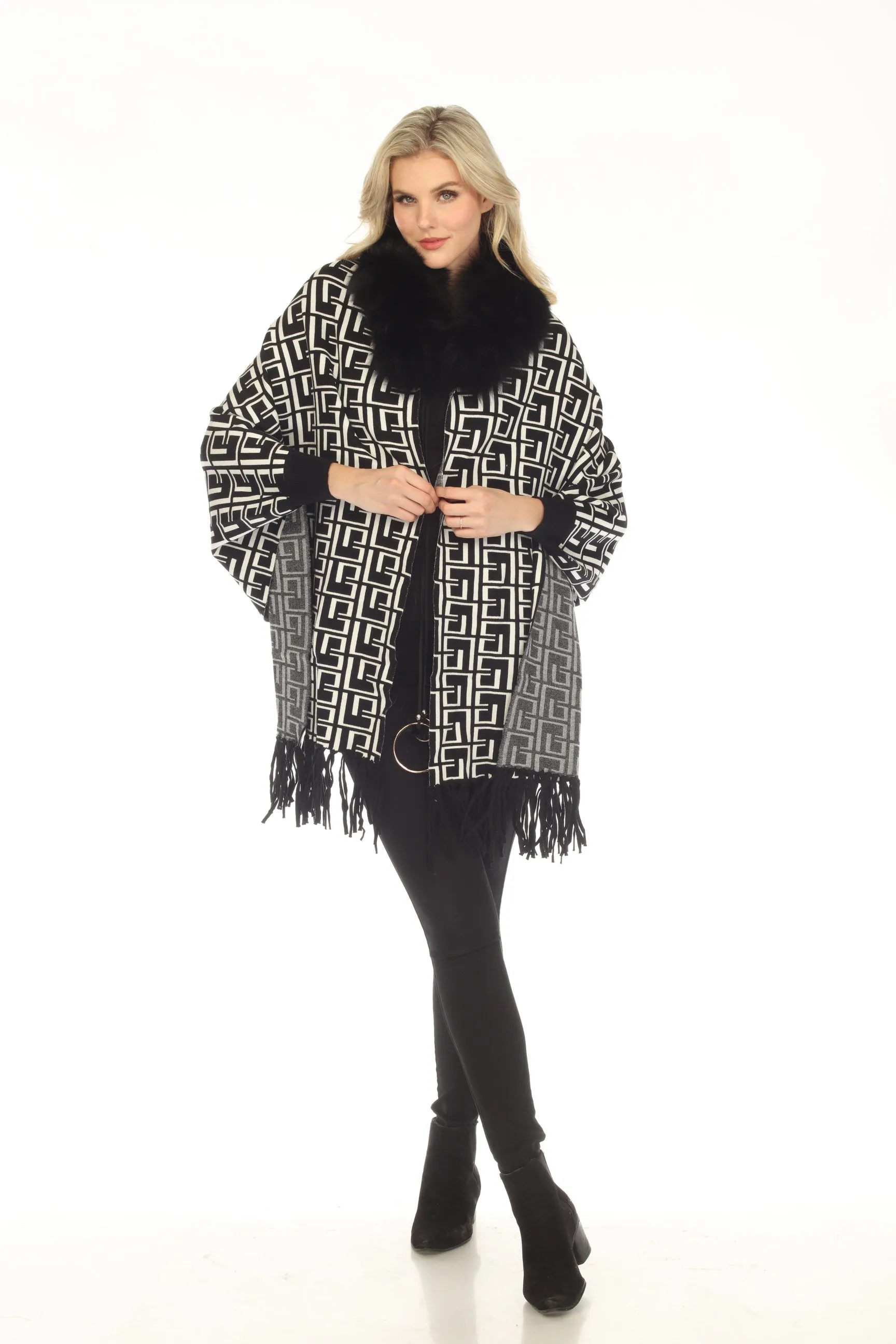 OO LA LA Black/White Meander Pattern Real Fur Collar Fringe Cape M7175