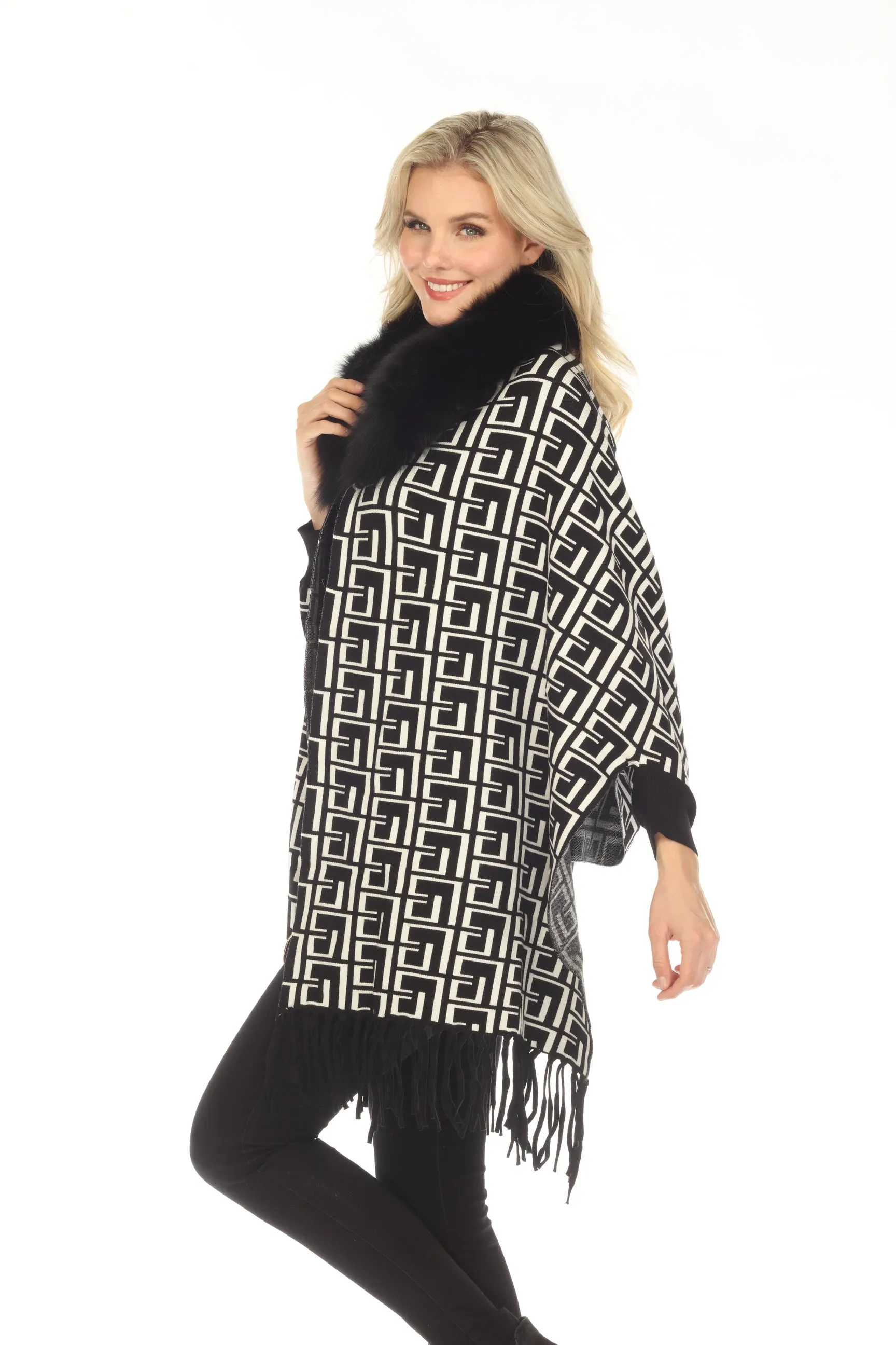 OO LA LA Black/White Meander Pattern Real Fur Collar Fringe Cape M7175