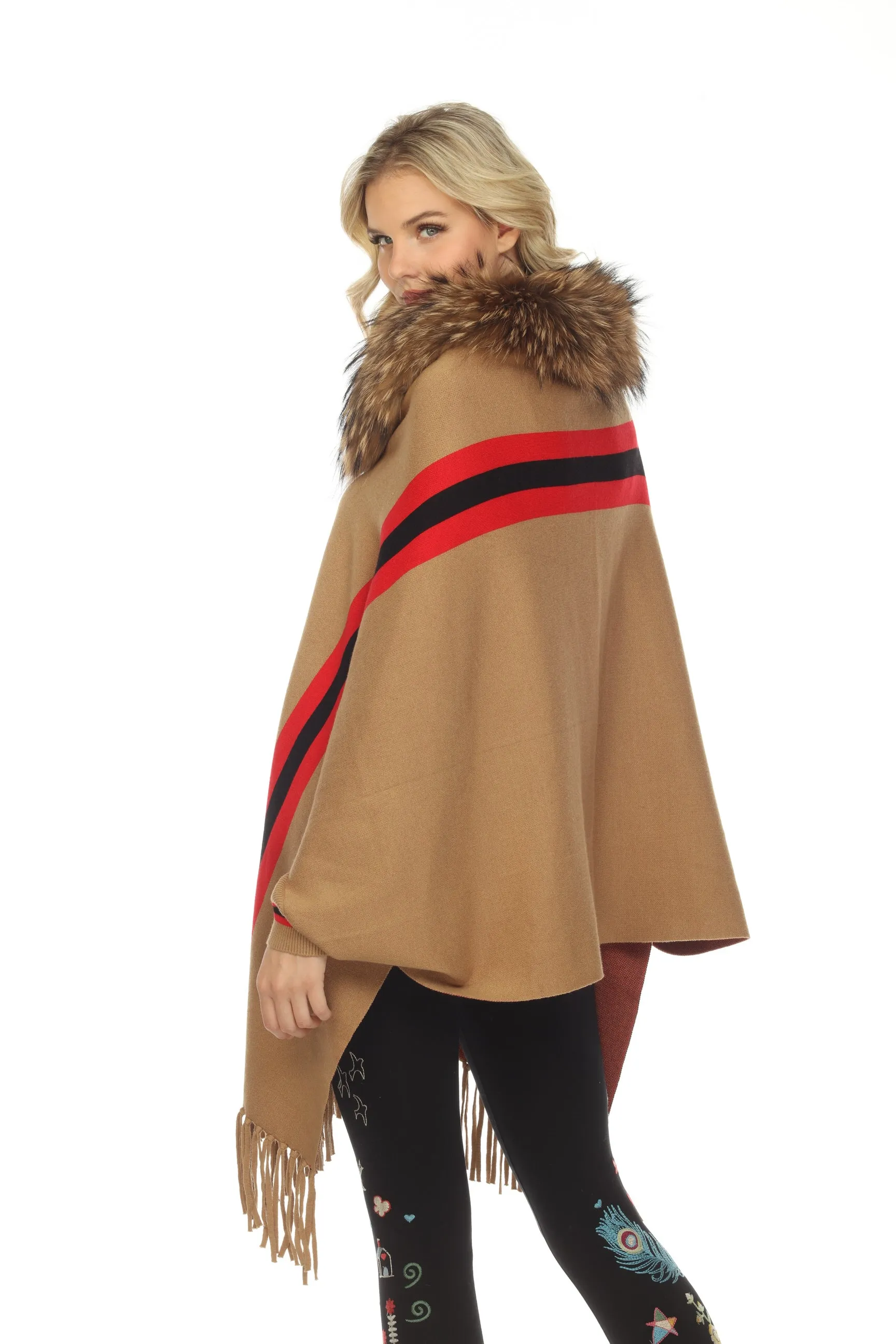 OO LA LA Camel Sport Stripe Fox Collar Cape Boho Chic M5100