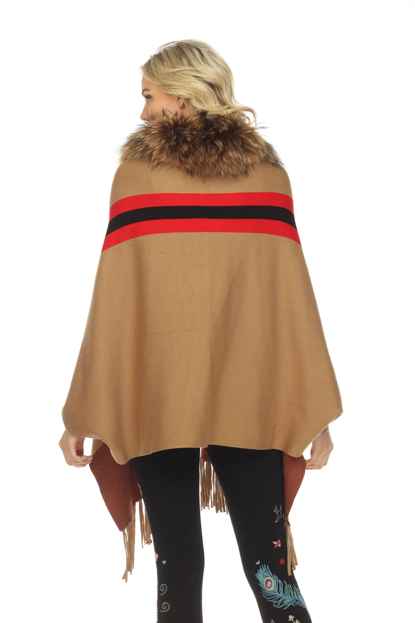 OO LA LA Camel Sport Stripe Fox Collar Cape Boho Chic M5100