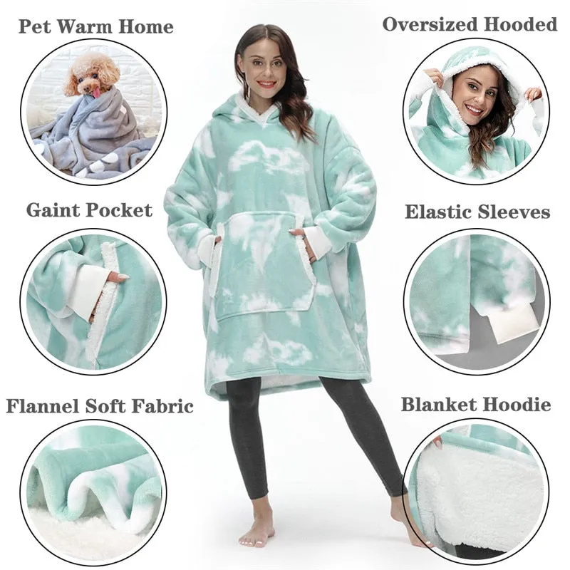 Oversized Blanket Hoodie Women Winter Hooded Wearable Family TV Blanket With Sleeves Sherpa Fleece Sweat Plaid Hoody Sweatshirt