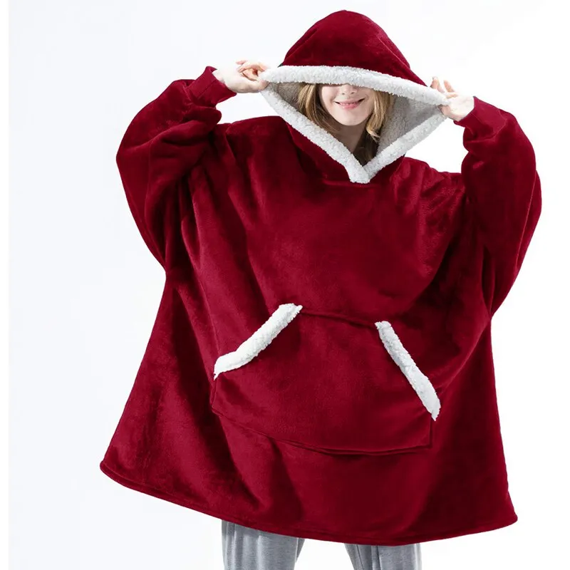 Oversized Blanket Hoodie Women Winter Hooded Wearable Family TV Blanket With Sleeves Sherpa Fleece Sweat Plaid Hoody Sweatshirt