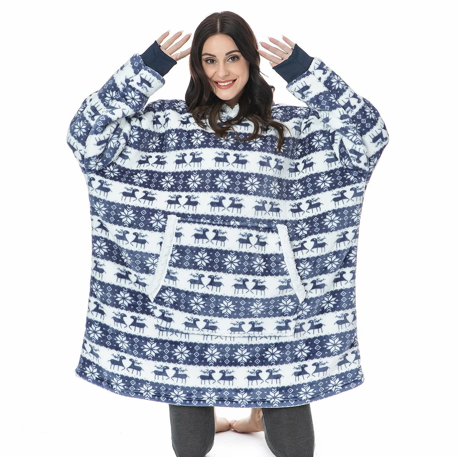 Oversized Blanket Hoodie Women Winter Hooded Wearable Family TV Blanket With Sleeves Sherpa Fleece Sweat Plaid Hoody Sweatshirt