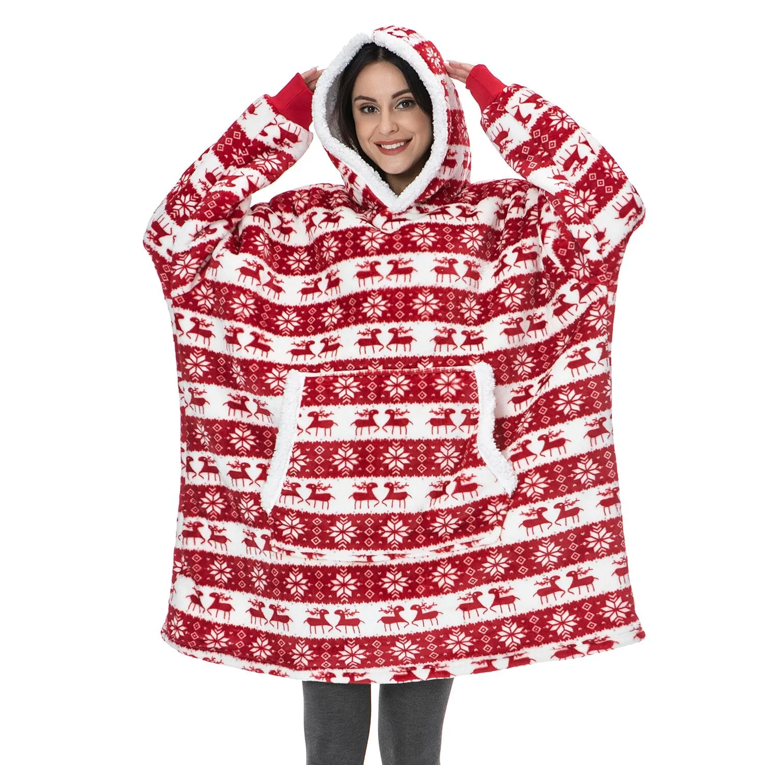 Oversized Blanket Hoodie Women Winter Hooded Wearable Family TV Blanket With Sleeves Sherpa Fleece Sweat Plaid Hoody Sweatshirt