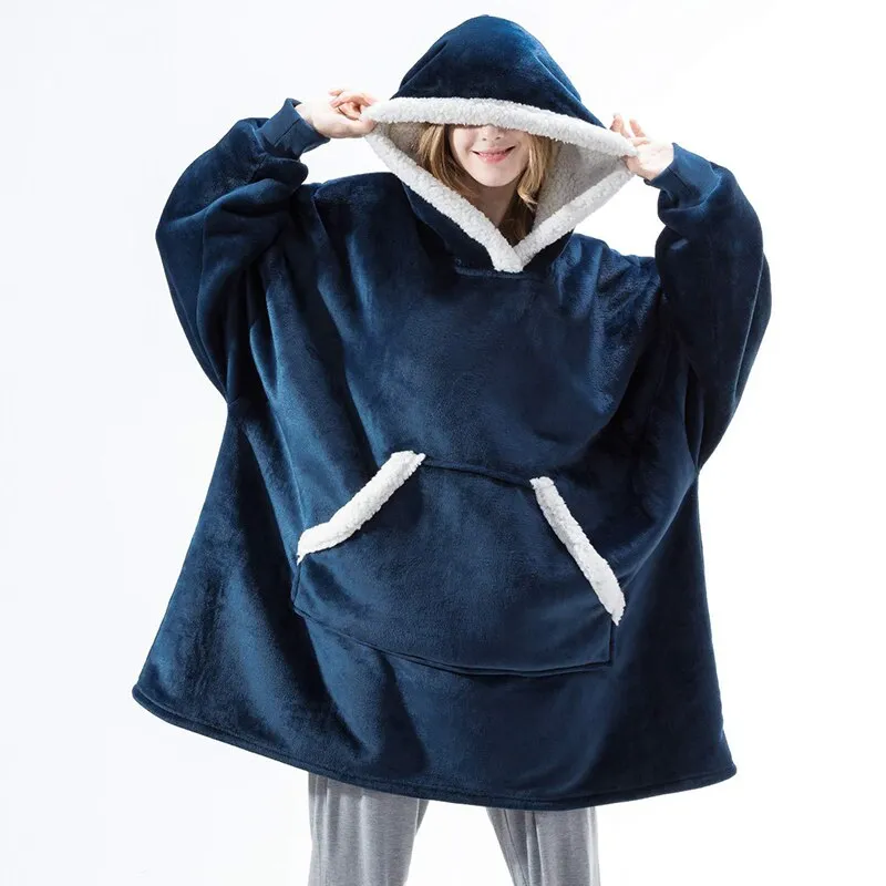 Oversized Blanket Hoodie Women Winter Hooded Wearable Family TV Blanket With Sleeves Sherpa Fleece Sweat Plaid Hoody Sweatshirt