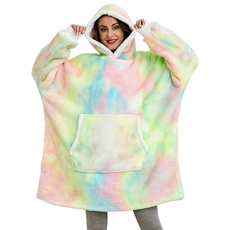 Oversized Blanket Hoodie Women Winter Hooded Wearable Family TV Blanket With Sleeves Sherpa Fleece Sweat Plaid Hoody Sweatshirt