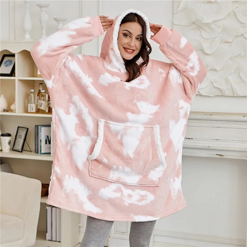 Oversized Blanket Hoodie Women Winter Hooded Wearable Family TV Blanket With Sleeves Sherpa Fleece Sweat Plaid Hoody Sweatshirt